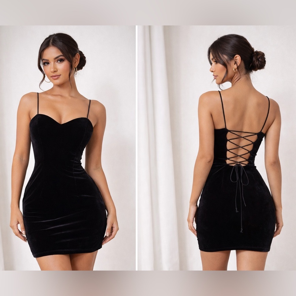 DE-LARU Black Velvet Lace-Up Back Mini Dress | Sweetheart Neckline